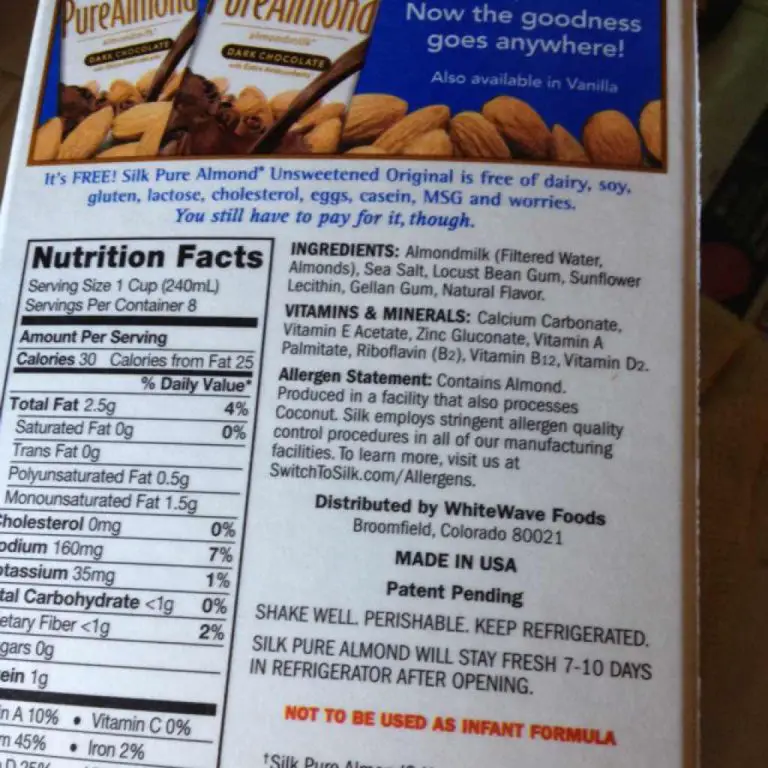 Silk Almond Milk Nutrition Label